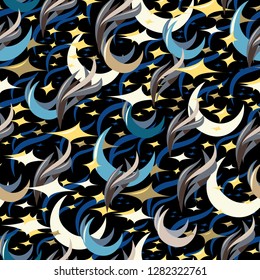 Abstract seamless pattern with a moon, stars and feathers or flames. Vector graphic. Turquoise and browns with navy accents.