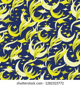 Abstract seamless pattern with a moon, stars and feathers or flames. Vector graphic. Yellow and navy.