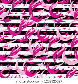 Abstract seamless pattern with a moon, stars and feathers or flames. Vector graphic. Fuchsia and pink motives on the black and white striped background.