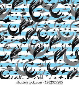 Abstract seamless pattern with a moon, stars and feathers or flames. Vector graphic. black and grey motives on the light blue and white striped background.