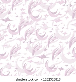 Abstract seamless pattern with a moon, stars and feathers or flames. Vector graphic. Shades of pink motives on the white background.