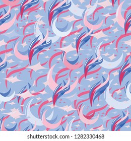 Abstract seamless pattern with a moon, stars and feathers or flames. Vector graphic. Shades of pink and blue motives on the light blue background.