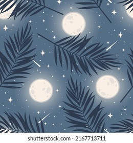 Abstract seamless pattern with moon, stars and palm leaves. Perfect for wallpapers, web page backgrounds, surface textures, textile.