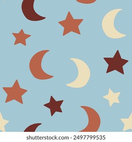 Abstract seamless pattern with moon and stars. Vector mystical flat background. Trend kids print