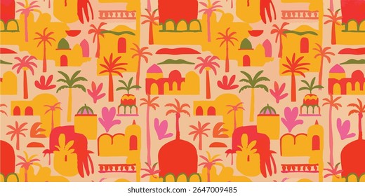 Abstract seamless pattern of a Moroccan village with palm trees and architecture. A vibrant, hand-drawn summer print in warm red, yellow, and pink hues. Ideal for travel themes and boho textiles