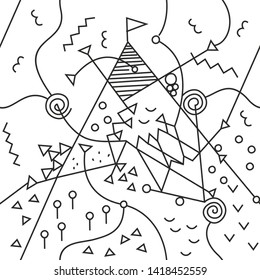 Abstract seamless pattern. A mountain peak. Direct and flexible lines among small various elements. Line art pictures.