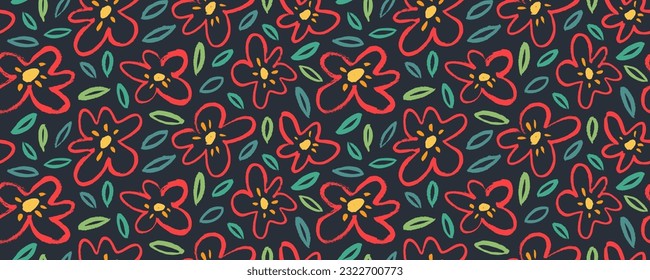 Abstract seamless pattern with multi colored meadow flowers, daisies and chamomiles. Brush drawn daisy flowers with naive leaves on dark background. Vector banner with children style botanical element
