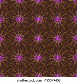Abstract seamless pattern with multibeam furry fractal star on a dark brown background.