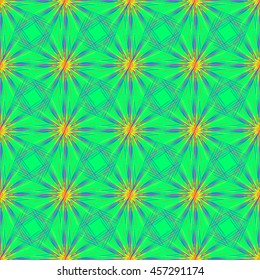Abstract seamless pattern with multibeam furry fractal star on a turquoise cyan background.
