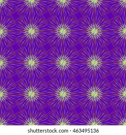 Abstract seamless pattern with multibeam furry fractal star on a bright purple background