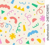 Abstract seamless pattern of multicolor geometric shapes, squiggles, confetti on a light background, hand drawn illustration, flat style