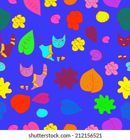 Abstract seamless pattern from multicolored doodles, leaflets, spirals, cats and floral motifs  on a blue background. Handmade.