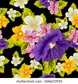 abstract seamless pattern of multicolored flowers on black background. For fabric, cards, greeting cards and many other design. Vector illustration