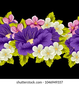 abstract seamless pattern of multicolored flowers on black background. For fabric, cards, greeting cards and many other design. Vector illustration