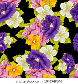 abstract seamless pattern of multicolored flowers on black background. For fabric, cards, greeting cards and many other design. Vector illustration