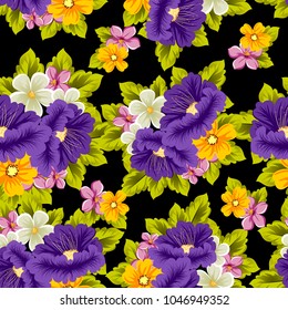 abstract seamless pattern of multicolored flowers on black background. For fabric, cards, greeting cards and many other design. Vector illustration