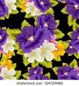 abstract seamless pattern of multicolored flowers on black background. For fabric, cards, greeting cards and many other design. Vector illustration