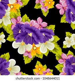 abstract seamless pattern of multicolored flowers on black background. For fabric, cards, greeting cards and many other design. Vector illustration