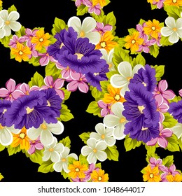 abstract seamless pattern of multicolored flowers on black background. For fabric, cards, greeting cards and many other design. Vector illustration