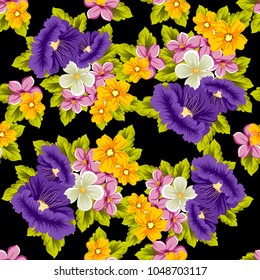 abstract seamless pattern of multicolored flowers on black background. For fabric, cards, greeting cards and many other design. Vector illustration