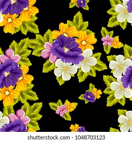 abstract seamless pattern of multicolored flowers on black background. For fabric, cards, greeting cards and many other design. Vector illustration
