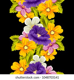 abstract seamless pattern of multicolored flowers on black background. For fabric, cards, greeting cards and many other design. Vector illustration