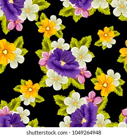 abstract seamless pattern of multicolored flowers on black background. For fabric, cards, greeting cards and many other design. Vector illustration