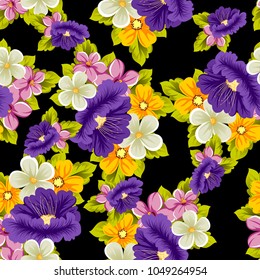 abstract seamless pattern of multicolored flowers on black background. For fabric, cards, greeting cards and many other design. Vector illustration
