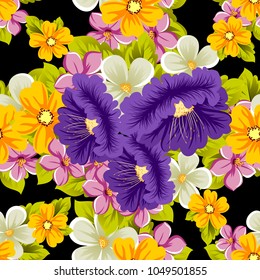 abstract seamless pattern of multicolored flowers on black background. For fabric, cards, greeting cards and many other design. Vector illustration