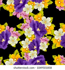 abstract seamless pattern of multicolored flowers on black background. For fabric, cards, greeting cards and many other design. Vector illustration