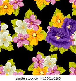 abstract seamless pattern of multicolored flowers on black background. For fabric, cards, greeting cards and many other design. Vector illustration