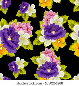 abstract seamless pattern of multicolored flowers on black background. For fabric, cards, greeting cards and many other design. Vector illustration
