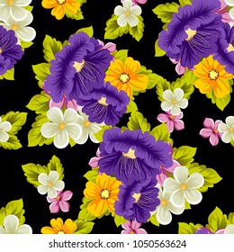 abstract seamless pattern of multicolored flowers on black background. For fabric, cards, greeting cards and many other design. Vector illustration