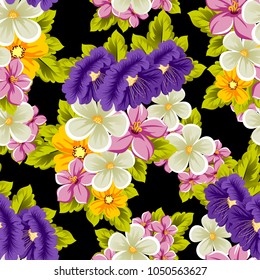 abstract seamless pattern of multicolored flowers on black background. For fabric, cards, greeting cards and many other design. Vector illustration