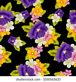 abstract seamless pattern of multicolored flowers on black background. For fabric, cards, greeting cards and many other design. Vector illustration