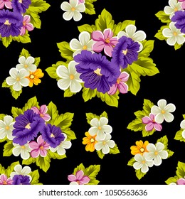 abstract seamless pattern of multicolored flowers on black background. For fabric, cards, greeting cards and many other design. Vector illustration