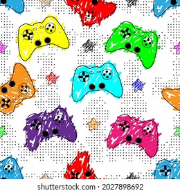 Abstract seamless pattern with multicolored game joysticks and stars.