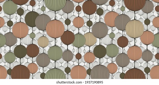 Abstract seamless pattern. Multicolored Intertwined garlands, Chinese lanterns. Trendy colors for interior design, printed products, wallpaper.
