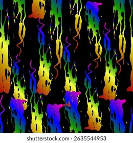 Abstract seamless pattern with multicolored paint spots on a black background. The spots are shaped like abstract brush strokes and are painted in all the colors of the rainbow. 
