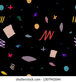 Abstract seamless pattern of multicolored pieces of paper and sketches of felt-tip pen. Space modern background, print for fabric, paper, cover, interior and other uses.