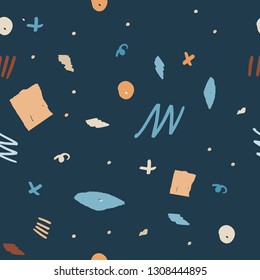 Abstract seamless pattern of multicolored pieces of paper and sketches of felt-tip pen. Space modern background, print for fabric, paper, cover, interior and other uses.
