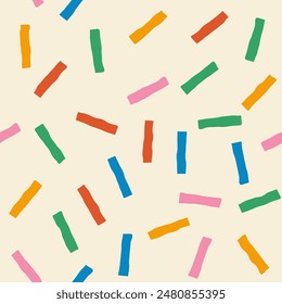 Abstract seamless pattern of multicolored short chaotic wavy stripes on a light background, confetti, hand drawn illustration, flat style