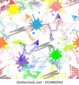 Abstraktes, nahtloses Muster mit mehrfarbigen Sternen, Blüten und Grunge-Textur auf weißem Hintergrund.