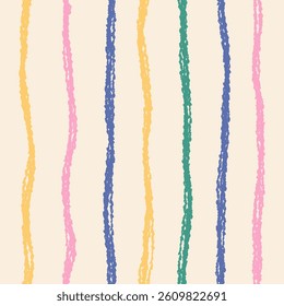 Abstract seamless pattern of multicolored wavy curved vertical stripes on light background, pencil, chalk, charcoal effect; simple cute hand-drawn illustration, drawing, flat style