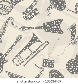 Abstract seamless pattern with musical instrument, gramophone and guitar.