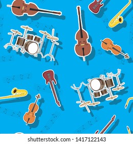 abstract seamless pattern musical instruments guitar saxophone drum cello double bass, vector image eps