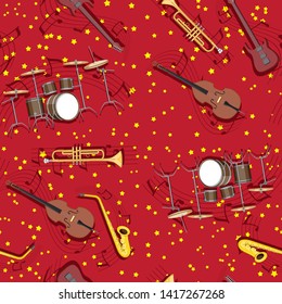 abstract seamless pattern musical instruments trumpet drum saxophone guitar notes on the background of stars.