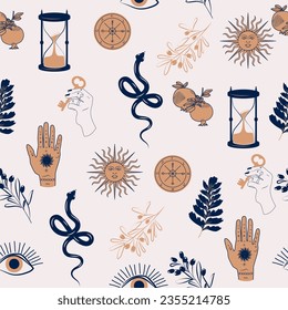 Abstract seamless pattern with mystical elements. Minimal line art and hand drawn illustrations. Editable vector illustration