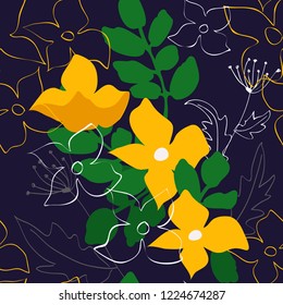 Abstract seamless pattern with naive flowers. Minimal summer trendy floral background in scandinavian style. For textile, wallpaper, surface, print, gift wrap, scrapbooking, decoupage