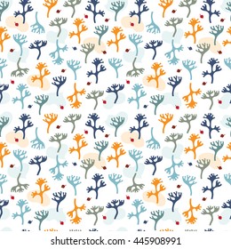 Abstract seamless pattern with natural motifs on white background.